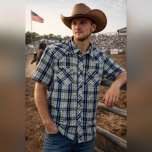 Bullhead Western Style Pearl Snap Front Casual Plaid Shirt for Men Size XL
